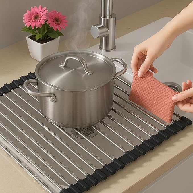 Over Sink Dish Dryng Rack - Roll Up Stainless Stell & Silicone Drying mat, Heat Resistant, Non-Slip & Foldable, Space Saving Kitchen Organizer (17.3"x 15.7")(Black)