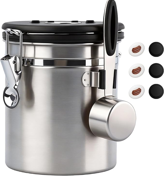 ShanSon Coffee Canister Airtight, Stainless Steel Bean Storage Container with Date Tracker & Scoop, Grounds Sugar Flour Tea Cereal Fits Kitchen Pantry, Ideal Gift for Coffee Lovers,16oz,Silver