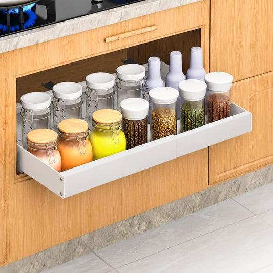 1 Pack Pull Out Cabinet Organizer Expandable,Adjustable 12-21 Inch Width Slide Out Drawer Shelves,Painted Carbon Steel with Heightening Pad,No Drill,for Kitchen/Bathroom/Pantry/Under Sink/Laundry Room