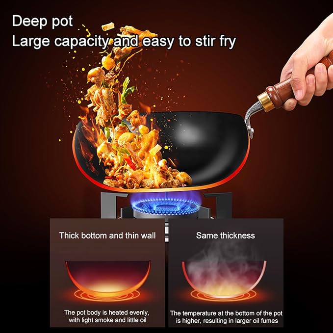 Carbon Steel Wok Pan, 9.4 INCH Nonstick Pre-Seasoned Woks & Stir-Fry Pans with Lid, No Chemical Coating Wok Flat Bottom Small Handmade Chinese Wok for Induction, Gas, Electric & All Stoves