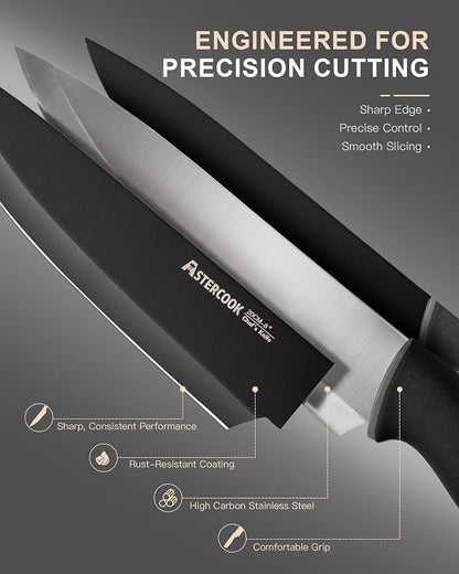 Astercook Knife Set with Block and Sharpener, 22 Piece Kitchen Knife Set Dishwasher Safe, Space-Saving Clear Knife Block with Knives for Everyday Home Cooking Black