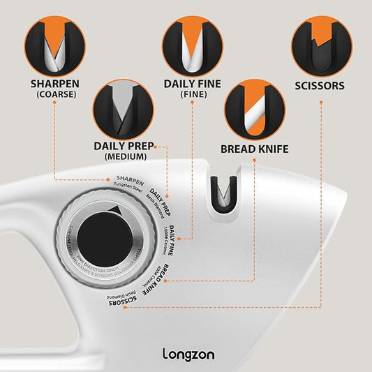 Longzon 6-in-1 Knife Sharpener 5 Stage with Cut-Resistant Glove, Manual Kitchen Tool for Straight & Serrated Knives, Quickly Sharpens Restores & Polishes Dull Blades Safe for Home Kitchen, White+Gray