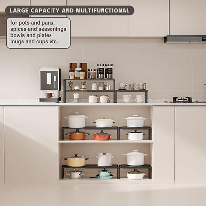 Magheo Expandable Cabinet Shelf Organizer, 2 Pack Stackable Kitchen Counter Shelf Riser, Metal Spice Rack Heavy Duty Countertop Organizer Storage for Kitchen, Pantry, Cupboard, Rv (5.9in Height,Black)