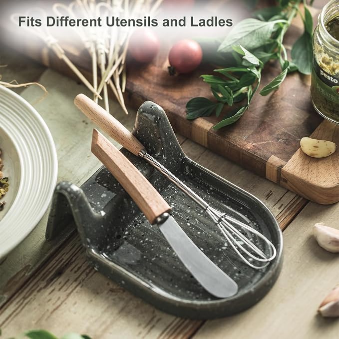 Ceramic Spoon Rest for Stove Top Heat-Resistant Spatula Holder for Kitchen Counter, Cooking Ladle Holder Utensil Rest for, Tong Grey