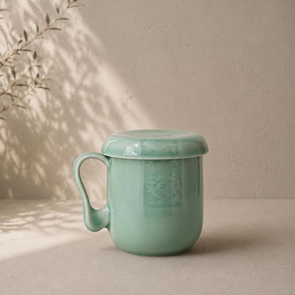 Tea Infuser Mug with Lid, 12oz Handcrafted Celadon Loose Leaf Cup — Ceramic Strainer Brewing Mug, Sage Green Japandi Drinkware, Gift for Tea Lovers