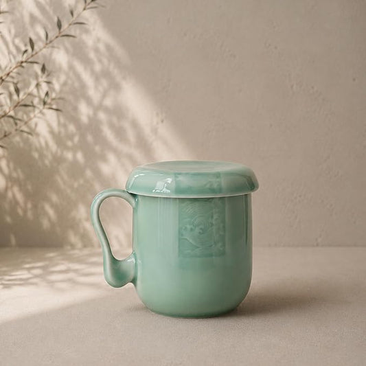 Tea Infuser Mug with Lid, 12oz Handcrafted Celadon Loose Leaf Cup — Ceramic Strainer Brewing Mug, Sage Green Japandi Drinkware, Gift for Tea Lovers