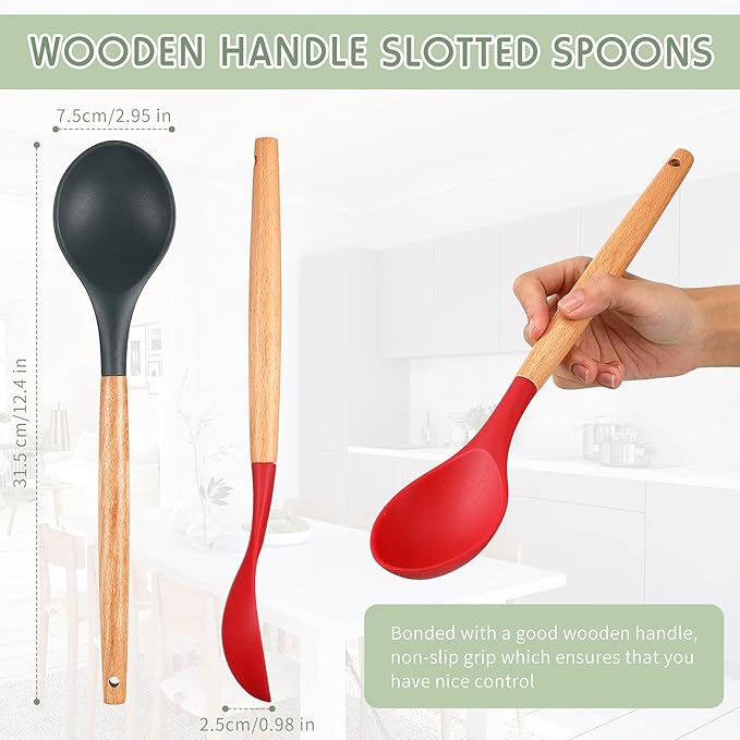 Patelai 2 Pcs Silicone Nonstick Cooking Spoon 12.4" Large Wooden Handle Mixing Spoon Heat Resistant Utensil Spoons for Kitchen Baking, Mixing, Serving and Stirring(Red, Gray)