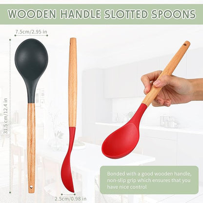 Patelai 2 Pcs Silicone Nonstick Cooking Spoon 12.4" Large Wooden Handle Mixing Spoon Heat Resistant Utensil Spoons for Kitchen Baking, Mixing, Serving and Stirring(Red, Gray)