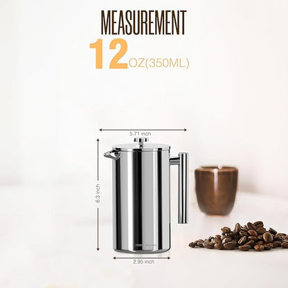 Utopia Kitchen 304 Grade Stainless Steel French Press Coffee Maker 12 Oz, Double Wall Insulated Coffee Press with 4-Level Filtration system, Include 2 Extra Filters, Rust-Free, Dishwasher Safe, Silver