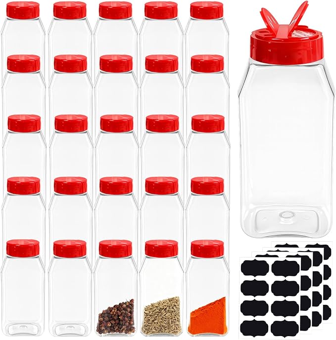28 Pack 16 Oz Plastic Spice Jars Bottles Containers with Red Cap Empty Seasoning Bottles Large Clear Spice Shaker and Stickers for Storing Spice, Salt, Herbs