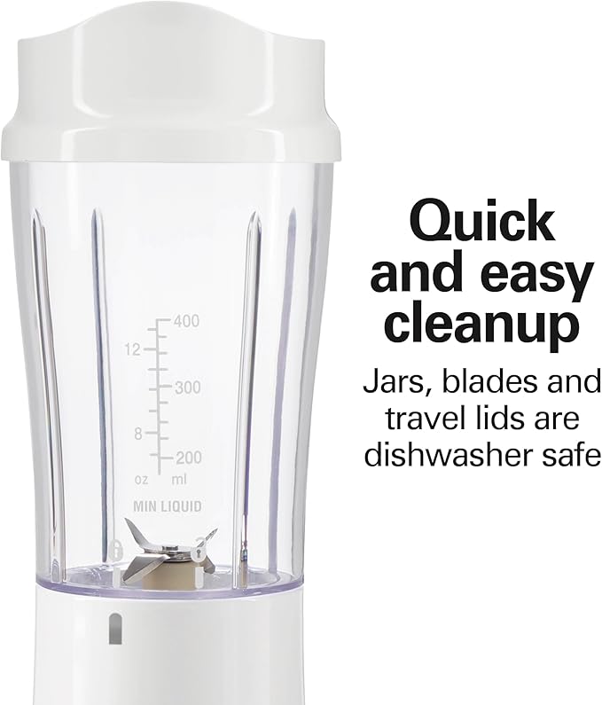 Hamilton Beach Portable Blender for Shakes and Smoothies, 14 Oz BPA Free Travel Cup & Lid, Durable Stainless Steel Blades, Personal Smoothie Blender, 2 Jars - White (51102V)