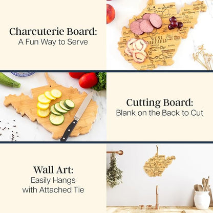 Totally Bamboo Destination West Virginia Shaped Cutting Board – Bamboo Charcuterie and Serving Board with Hang Tie for Wall Display