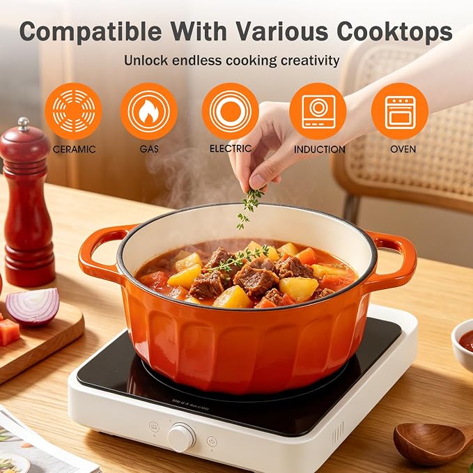 Enameled Cast Iron Dutch Oven with Lid, 6 QT Cast Iron Dutch Oven Pot, Dual Handles for Bread Baking, Cook, Bake, Oven Safe across All Cooktops (Orange, 6 QT)