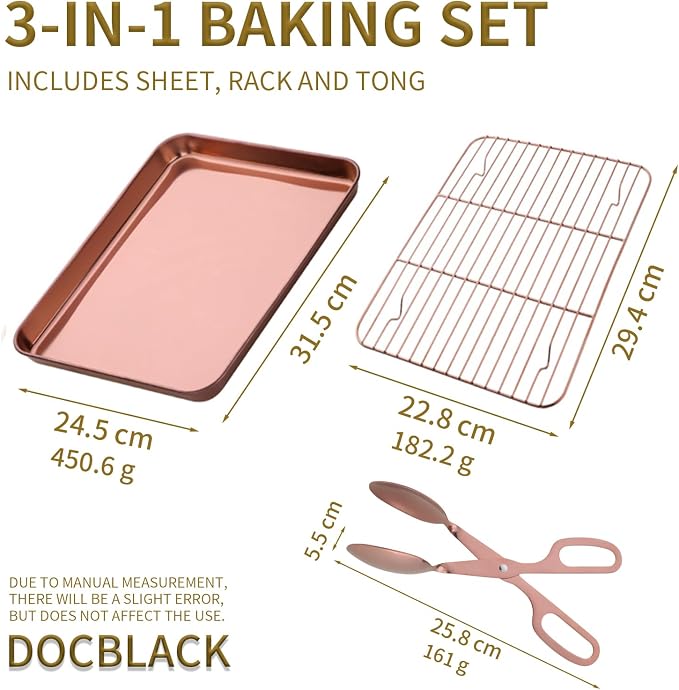 DOCBLACK Baking Sheet with Wire Rack and BBQ Tong Set, Stainless Steel Cookie Sheet Baking Tray & Cooling Rack & 26cm Food Tong for Cooking and Oven, Dishwasher Safe-Rose Gold
