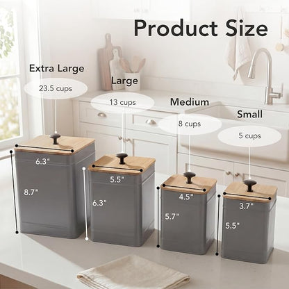 PERFNIQUE Kitchen Canisters, Airtight Canister Sets for Kitchen Counter, Kitchen Canisters for Countertop Set of 4, Coffee Tea Sugar Flour Spice Tin Jars Food Storage Container with Lid(Grey)