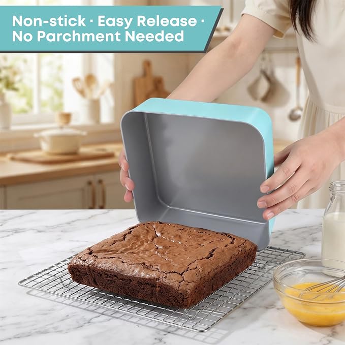 9 Inch Square Cake Pan with Snap-Lock Lid, Nonstick Carbon Steel Brownie Pan with Foldable Handle, PTFE & PFOA Free, for Brownies Bars Casseroles