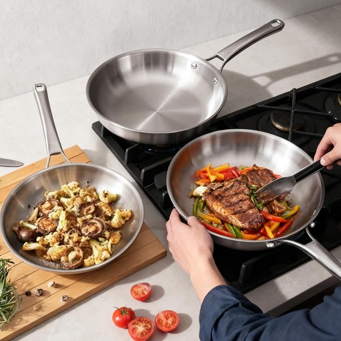 VINGLI 3-Pcs Stainless Steel Skillets Set, 8" / 10" / 12", Non-Toxic, PFOA & PTFE Free, Dishwasher & Oven Safe, Compatible with All Cooktops