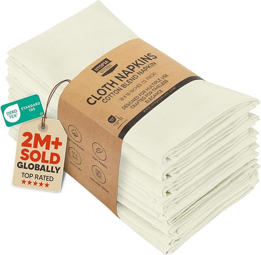 Utopia Kitchen Ivory Cloth Napkins [12 Pack, 18x18 Inch] Absorbent Cotton Blend Washable and Reusable for Dinner, Restaurant, Lunch, Wedding and Hotel