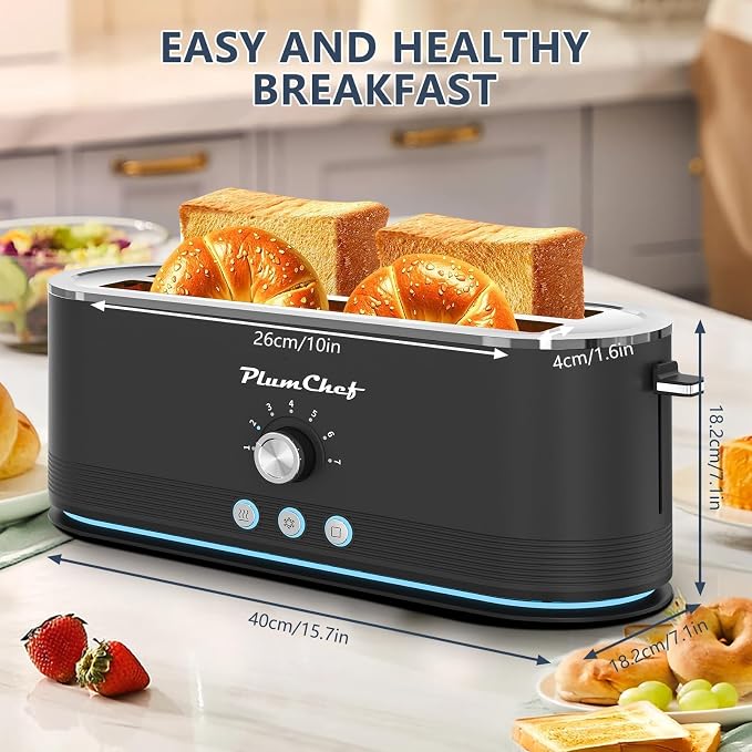 Plum chef 4-Slice Toaster, Extra Wide Long SIot Toaster, 7 Browning Settings,Defrost/Reheat Functions, Removable CrumbTray, Stainless Steel Housing,Anti-Fingerprint & Anti-Jam (Black)