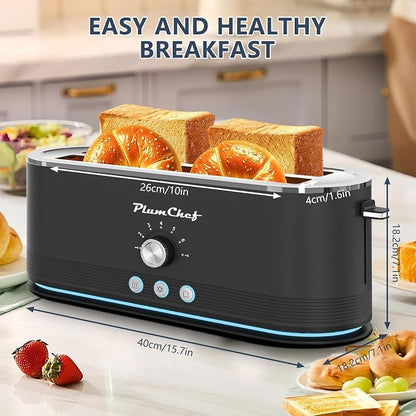 Plum chef 4-Slice Toaster, Extra Wide Long SIot Toaster, 7 Browning Settings,Defrost/Reheat Functions, Removable CrumbTray, Stainless Steel Housing,Anti-Fingerprint & Anti-Jam (Black)
