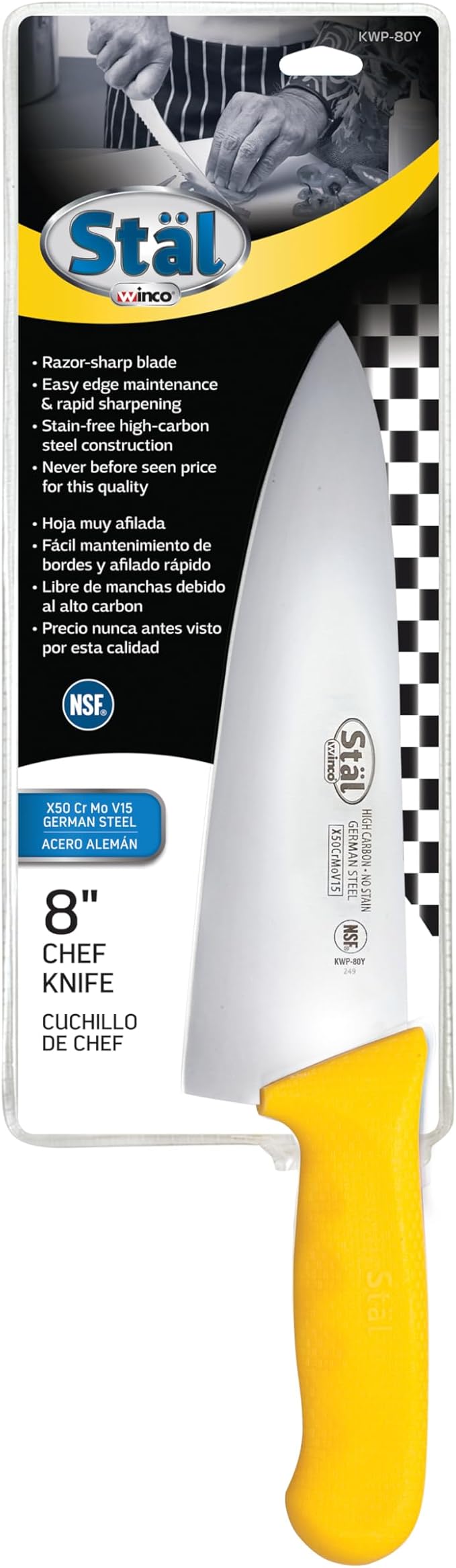 Winco 8" Commercial-Grade Chef's Knife with German Steel Blade, Yellow