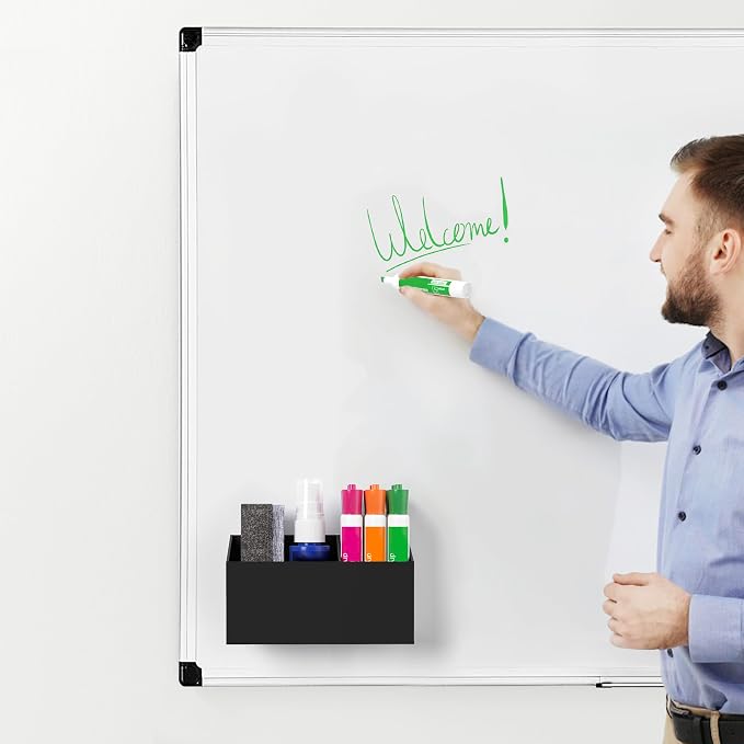 HBlife Magnetic Dry Erase Marker Holder for Whiteboard with 2 Compartments, Acrylic Wall Mount Magnet Pen Pencil Holder for Refrigerator, Locker Organizer Accessories for Classroom Office, Black