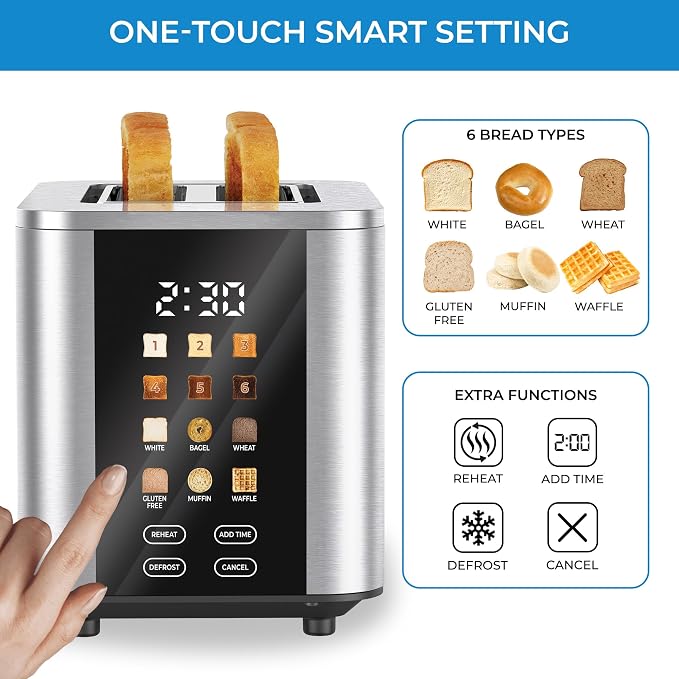 Kenmore 2-Slice Toaster - Color Touch Screen & 6 Shade Settings, Extra Wide Slots, Digital Countdown Timer, Customizable Smart Presets, Reheat, Defrost, Add Time Functions, Stainless Steel