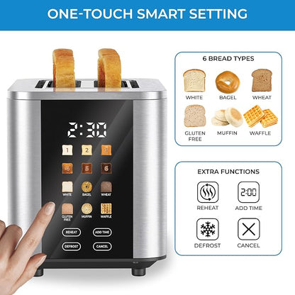 Kenmore 2-Slice Toaster - Color Touch Screen & 6 Shade Settings, Extra Wide Slots, Digital Countdown Timer, Customizable Smart Presets, Reheat, Defrost, Add Time Functions, Stainless Steel