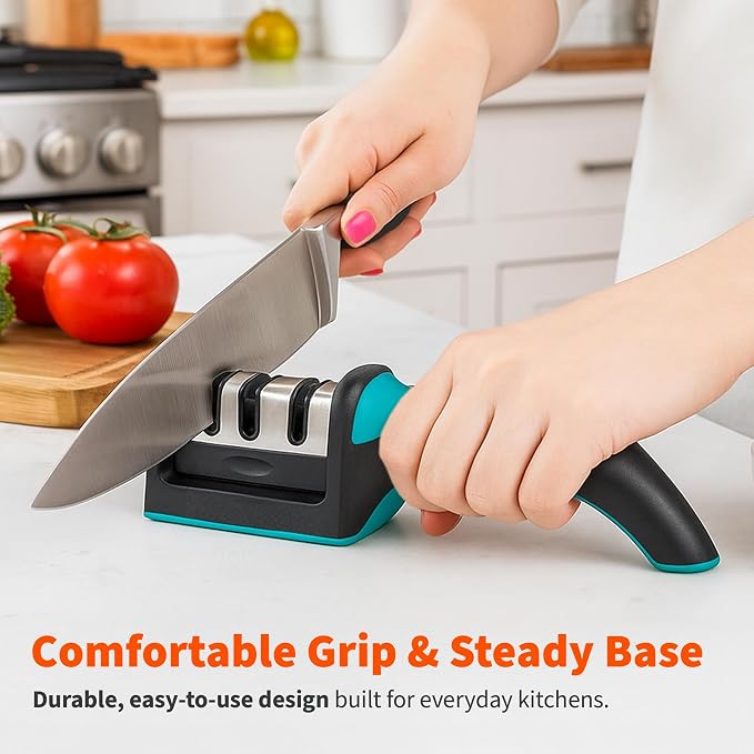 IMUSA Knife Sharpener – Kitchen Knife Sharpener with 3-Stage Stainless Steel Blade Sharpener Design – Easy to Use, Ergonomic Manual Knife Sharpening Kit with Non-Slip Base