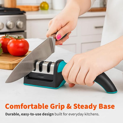 IMUSA Knife Sharpener – Kitchen Knife Sharpener with 3-Stage Stainless Steel Blade Sharpener Design – Easy to Use, Ergonomic Manual Knife Sharpening Kit with Non-Slip Base