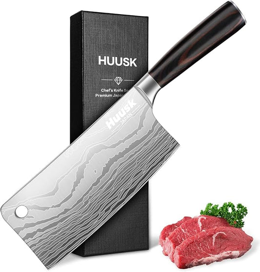 Huusk Meat Cleaver Knife 7 inch, Japanese Butcher Knife for Meat and Vegetable Cutting, Chopping Knives with Ergonomic Handle for Kitchen and Camping, Gift for Men and Women