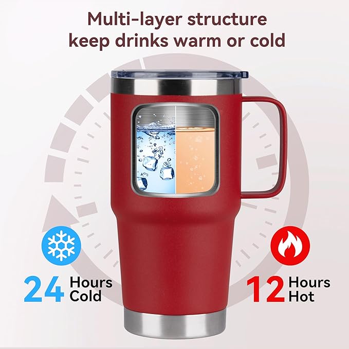 20oz Tumbler with Lid, Stainless Steel Tumbler with Handle, Metal Insulated Travel Coffee Mug with Handle, Double Wall Vacuum Spill Proof Tumbler Cup, Red 1 Pack