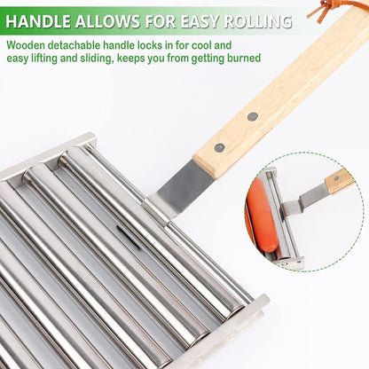 KAYCROWN Hot Dog Roller Sausage Rack with Extra Long Wood Handle, BBQ Griller For Evenly Cooked Dogs, 5 Capacity, Silver