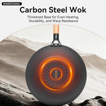 WANGYUANJI 11.8" High Purity Iron Wok Pan,Flat Bottom Stir Fry Pan for Electric,Induction & Gas Stoves,No Chemical Coating Carbon Steel Alternative,Traditional Hand-Hammered Skillet for Cooking