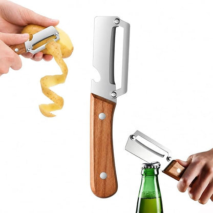 2-in-1 Multifunctional Vegetable Peeler with Wooden Handle, Zero Snag Ergonomic Kitchen Peeling Tool for Potatoes, Apple, Fruits, Double-Ended Skin Remover & Bottle Opener Utensil, 1 PCS
