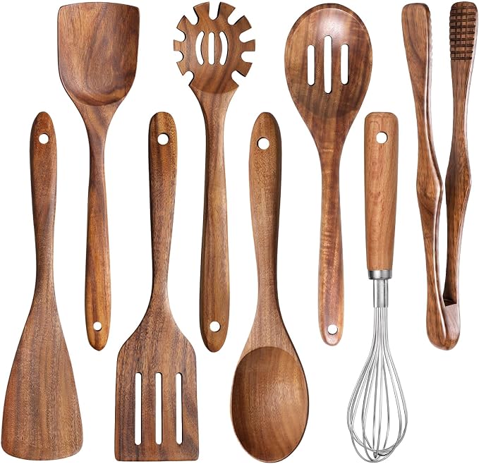 8 Pcs Wooden Kitchen Utensils Set, Natural Acacia Wood Utensils Set for Cooking, Durable Easy Clean Wooden Utensil Set with Acacia Wooden Spatulas and Spoons for Nonstick Cookware