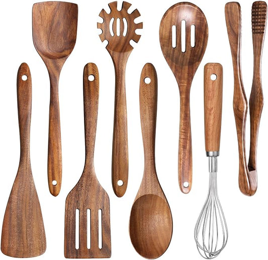 8 Pcs Wooden Kitchen Utensils Set, Natural Acacia Wood Utensils Set for Cooking, Durable Easy Clean Wooden Utensil Set with Acacia Wooden Spatulas and Spoons for Nonstick Cookware