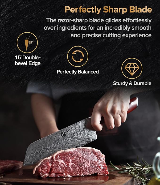 XINZUO 5 Pcs Knife Set, Professional Super Damscus Steel Kitchen Knife Set, Ultra Sharp Blade, Natural Rose Handle, Chef Gift Box-Yi Series