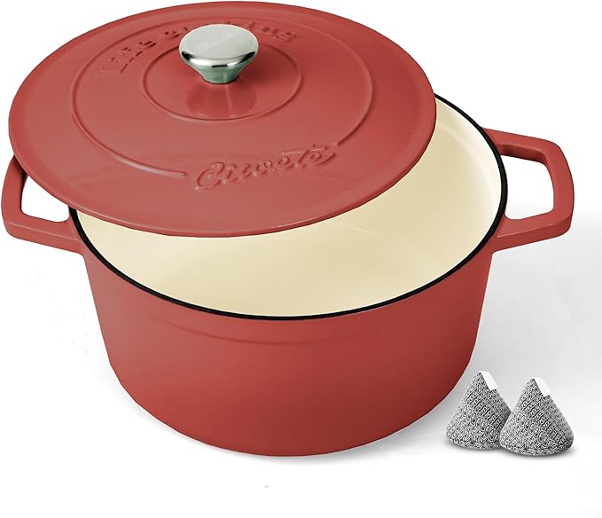 Ciwete Enameled Cast Iron Dutch Oven – 4.4 Quart Pot with Lid & Potholders – Heavy-Duty Cookware for Bread Baking, Braising, Stews & Roasting – Oven & Stovetop Safe up to 500°F – Red