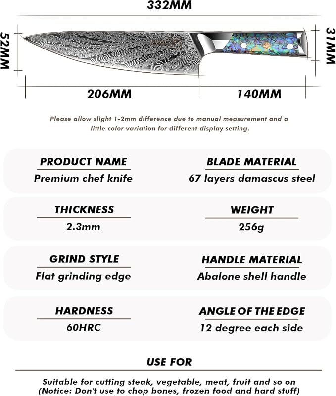 FANTECK Chef Knife 8 Inch,Damascus Japanese Professional High Carbon 67-layers VG10 Kitchen Cooking Knife,Super Sharp Stainless Steel Chef Knives with Full Tang Abalone Shell Handle-Walnut Wood Cover