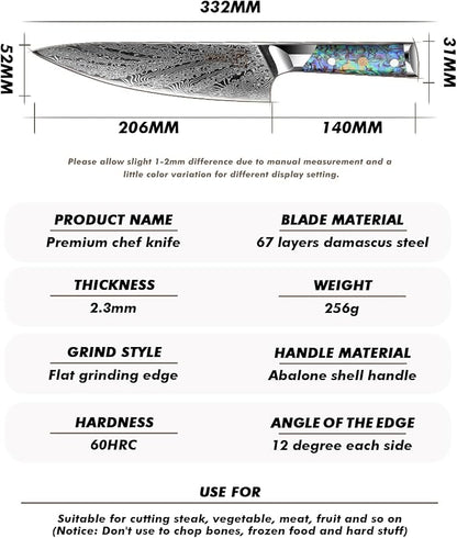 FANTECK Chef Knife 8 Inch,Damascus Japanese Professional High Carbon 67-layers VG10 Kitchen Cooking Knife,Super Sharp Stainless Steel Chef Knives with Full Tang Abalone Shell Handle-Walnut Wood Cover