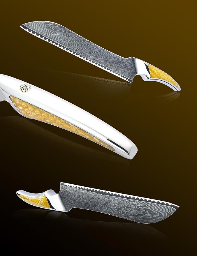 8 inch Serrated Bread Knife, Japanese VG-10 Damascus Steel Kitchen Knife, Ultra Sharp Bread Cutting Knife with Full-tang Handle in Yellow Resin, LA-S9 Series