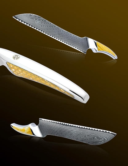 8 inch Serrated Bread Knife, Japanese VG-10 Damascus Steel Kitchen Knife, Ultra Sharp Bread Cutting Knife with Full-tang Handle in Yellow Resin, LA-S9 Series