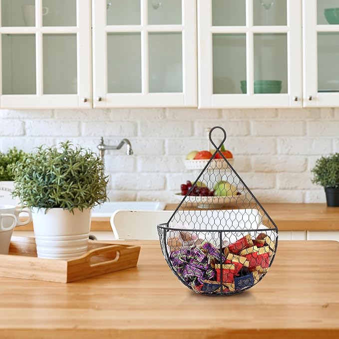 BSTKEY Set of 2,Wall-Mounted Hanging Metal Fruit Vegetable Baskets Hanging Produce Bins for Flowers, Decorations,Veggies,Decorations and More, Black