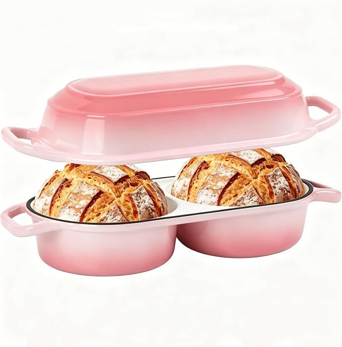 Mini Double Dutch Oven For Sourdough Bread Baking, 2.2QT Enameled Cast Iron Dutch Oven Pot With Lid, Non Stick Dual Round Bread Loaf Pan, 500°F Oven Safe, Sourdough Baking Pan For Homemade Baking