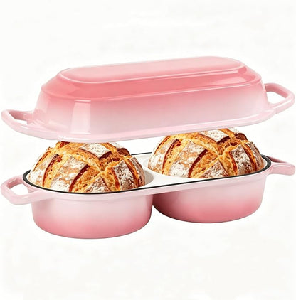 Mini Double Dutch Oven For Sourdough Bread Baking, 2.2QT Enameled Cast Iron Dutch Oven Pot With Lid, Non Stick Dual Round Bread Loaf Pan, 500°F Oven Safe, Sourdough Baking Pan For Homemade Baking