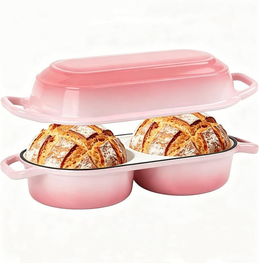 Mini Double Dutch Oven For Sourdough Bread Baking, 2.2QT Enameled Cast Iron Dutch Oven Pot With Lid, Non Stick Dual Round Bread Loaf Pan, 500°F Oven Safe, Sourdough Baking Pan For Homemade Baking