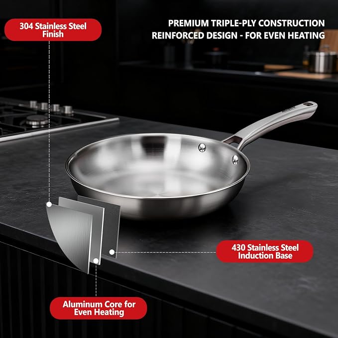 VINGLI 11 Pcs Cookware Set, Stainless Steel Pots and Pans Set with Lids, Non-Toxic Saute Sauce Pot, Soup Pot, Frying Pan, PFOA & PTFE Free, Compatible for All Cooktops (11 Cookware Set)