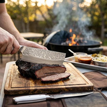 KOFERY Hand Forged Damascus Steel Butcher Knife Set with Knife Roll for Meat Cutting, Grilling & Smoking Meat, Essential BBQ Kit for Outdoor Camping, Pit Master Gifts for Men with White Handles
