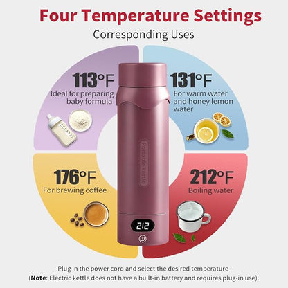 Insulated Stainless Steel Electric Kettle Small, Smart Water Bottle with 4 temperature control, Leak-Proof, Mini Travel Essentials Portable Office Gifts for Tea Lovers, Black Cherry